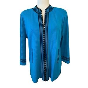 Sold- not for sale 


Ming Wang Acrylic Teal Zip Up Cardigan